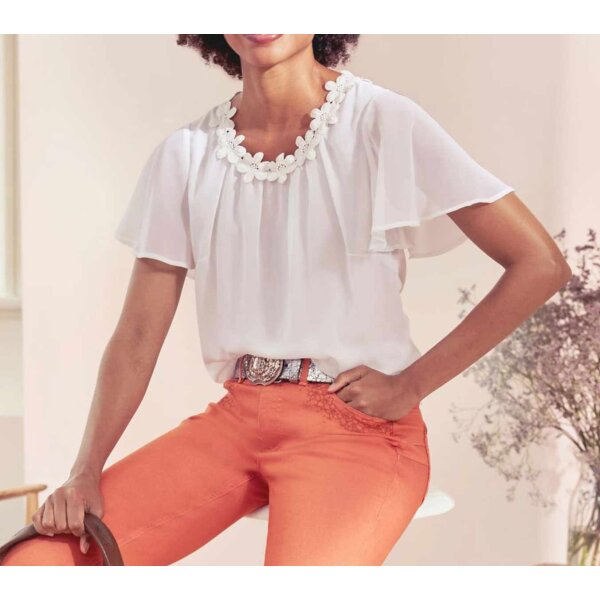 Designer-Chiffonbluse m. Spitzeblüten, ecru