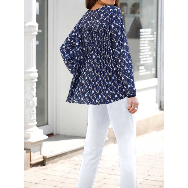 Plisseebluse, blau-gemustert