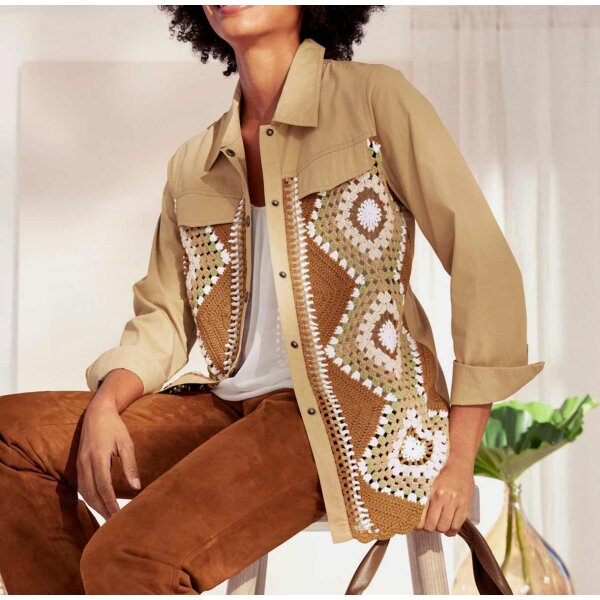 Designer-Jacke m.Häkelspitze, camel-gemustert