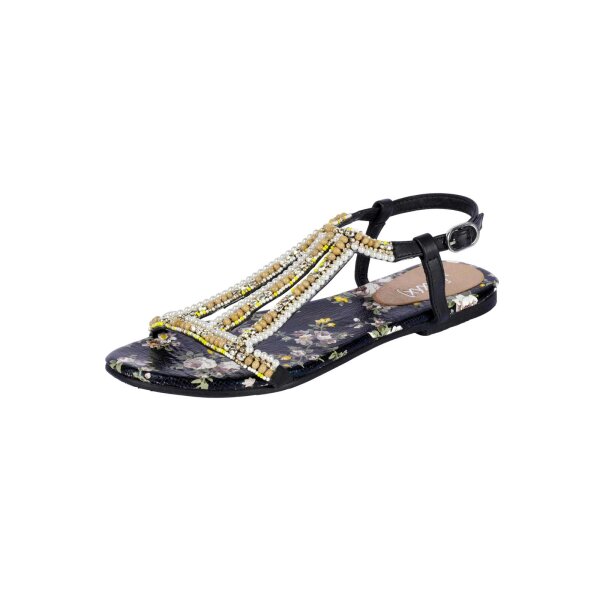 Marken-Sandalette m. Perlen, schwarz-bunt