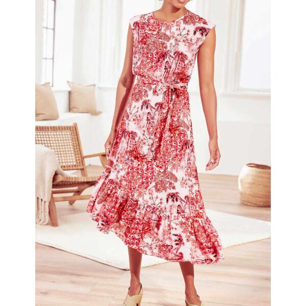 Designer-Volant-Druckkleid, ecru-koralle