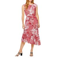 Designer-Volant-Druckkleid, ecru-koralle