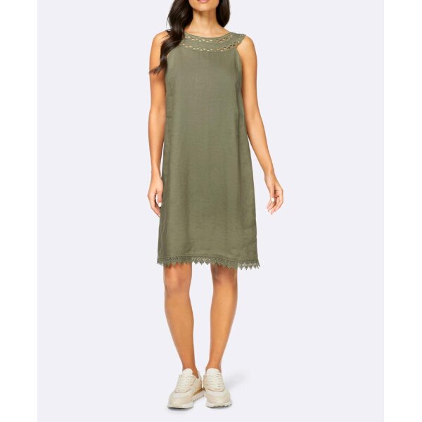 Designer-Leinenkleid m. Makrameespitze, khaki
