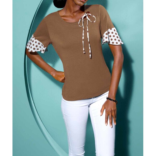 Jerseyshirt m. Volants, toffee-ecru