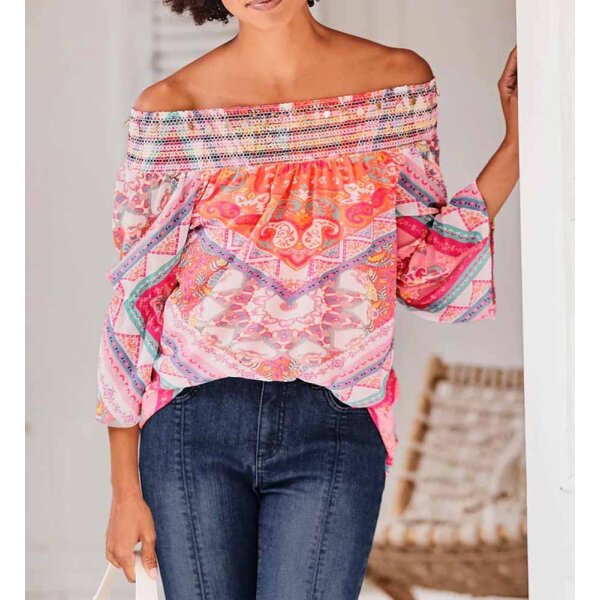 Designer-Carmenbluse, rosenquarz-bunt