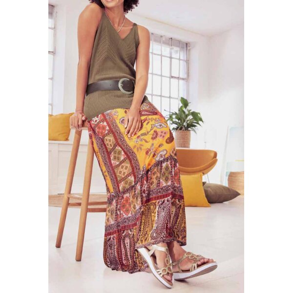 Designer-Maxi-Druckrock, ocker-grapefruit