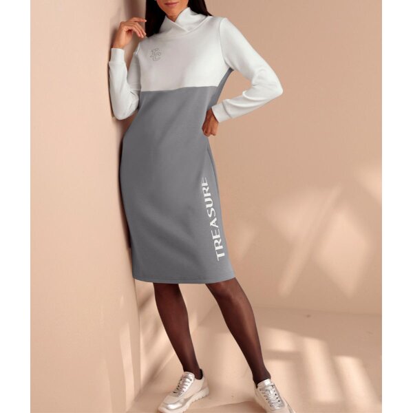 Sweatkleid m. Schriftzug und Glitzersteinchen, steingrau-ecru