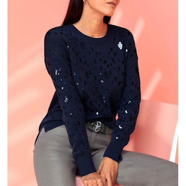 Pullover m. Pailletten-Verzierung, marine