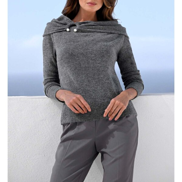 Carmenpullover m. Zierperlen, anthrazit-meliert