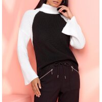 Rollkragenpullover m. Trompetenärmeln, schwarz-ecru