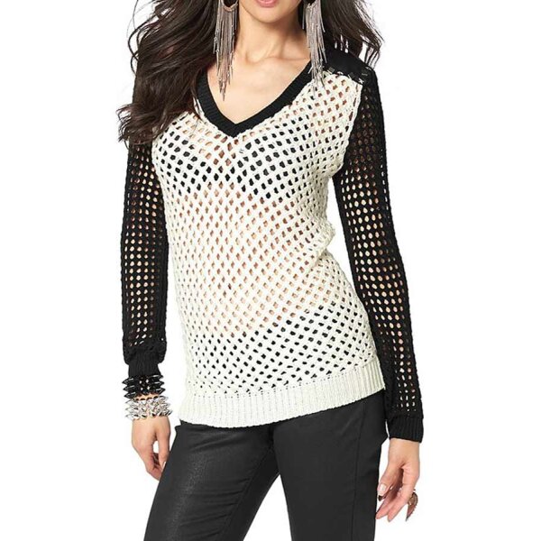 Pullover m. Nieten, ecru-schwarz