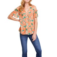 Wrap print blouse with cut-outs, apricot-multicolour