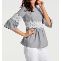 Designer-Streifenbluse, grau-ecru