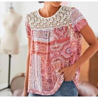 Designer-Druckbluse m. Spitzenbesatz, bunt