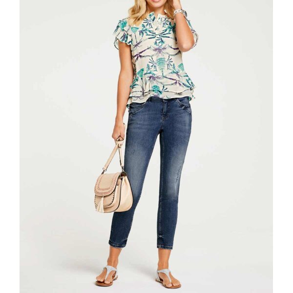 Designer-Volant-Druckbluse, türkis-ecru