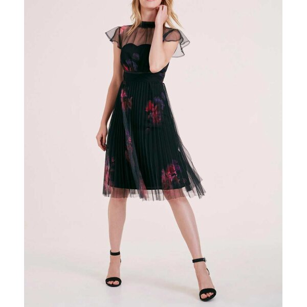 Designer-Plisseekleid, schwarz-bordeaux