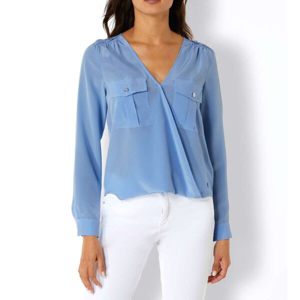 Silk blouse in wrap-look, sky blue