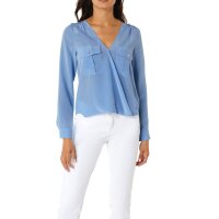 Silk blouse in wrap-look, sky blue