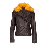 Leather jacket with weave fur, brown