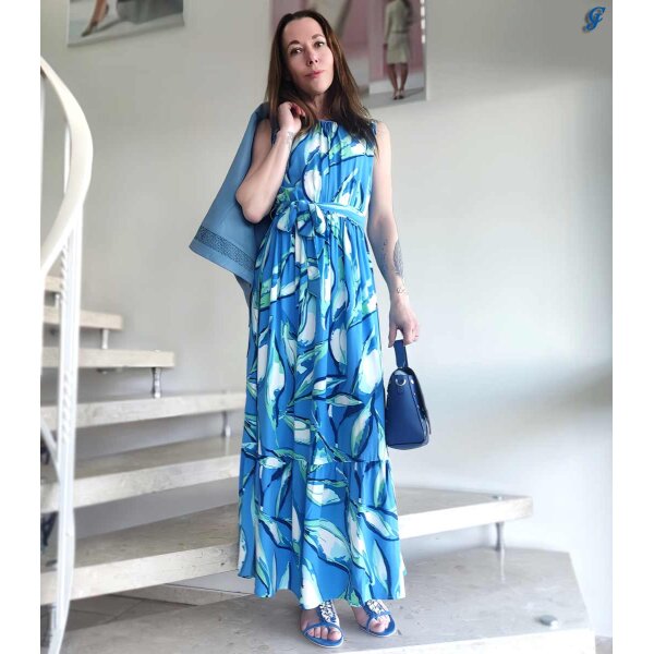 Marken-Druckkleid m.Bindeband, blau-türkis