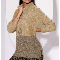Turtleneck rib knit sweater, camel-ecru-blend