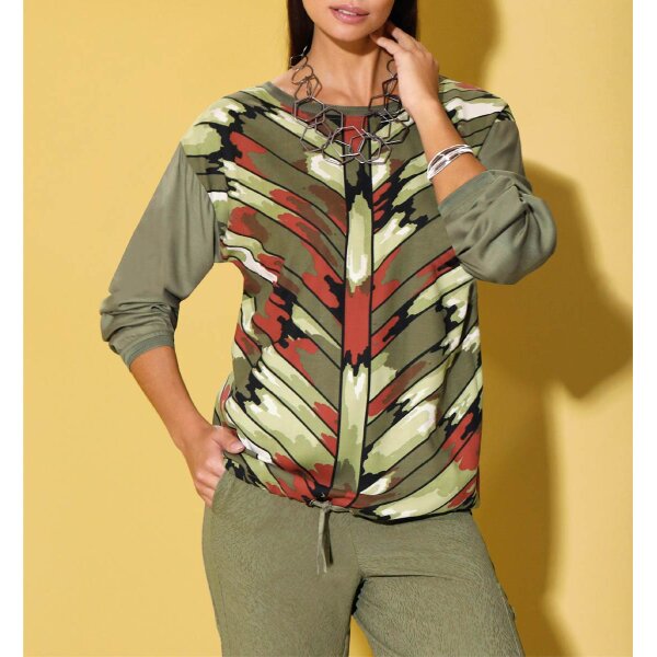 Bluse m.Bindeband, khaki-rostrot-bedruckt