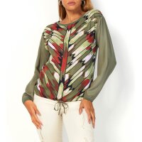 Bluse m.Bindeband, khaki-rostrot-bedruckt