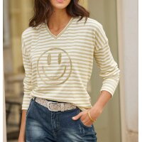 Ringelshirt m.Smiley-Stickerei, ecru-goldfarben