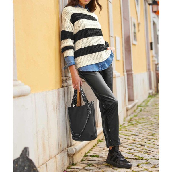 Stretchhose m. Lederimitat Flecht-Details, schwarz
