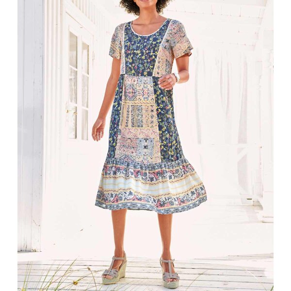Designer-Druckkleid, jeansblau-hellrosé