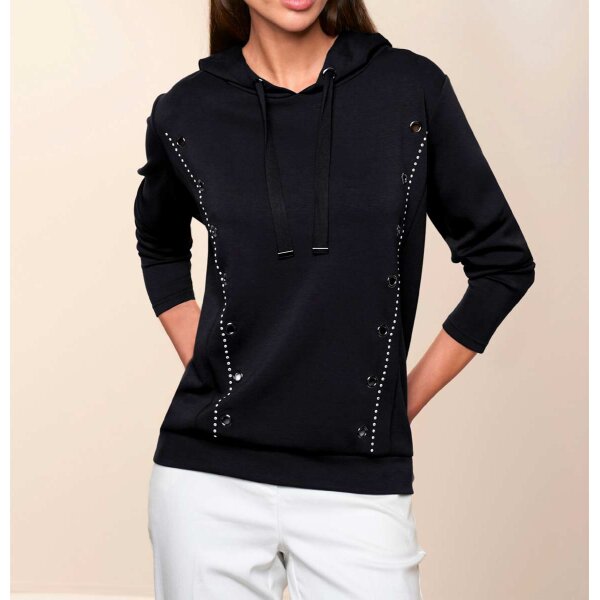 Sweatshirt with stones and eyelet trim, black