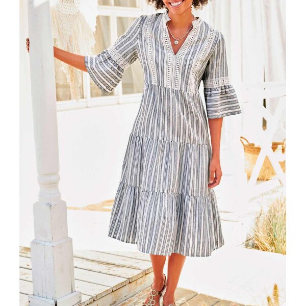 Designer-Kleid, ecru-dunkelblau