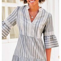 Designer-Kleid, ecru-dunkelblau