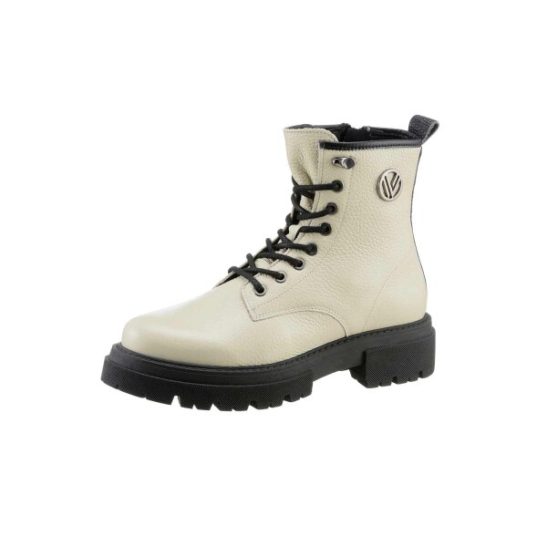 Rind-Glattleder-Schnürstiefelette, creme-schwarz