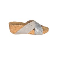 Rind-Veloursleder-Pantolette, taupe-blue