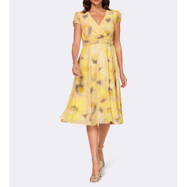 Designer-Chiffon-Druckkleid, gelb-grau
