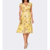 Designer-Chiffon-Druckkleid, gelb-grau