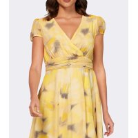 Designer-Chiffon-Druckkleid, gelb-grau