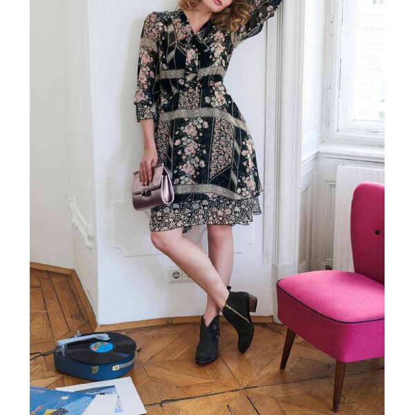 Chiffon-Druckkleid, schwarz-rosé