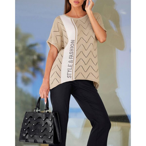 Ajour sweater with stone trim, beige-ecru