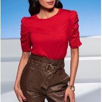 Puffärmelshirt m. Zierperlen, rot