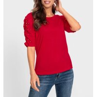 Puffärmelshirt m. Zierperlen, rot