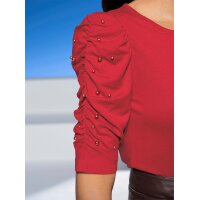 Puffärmelshirt m. Zierperlen, rot