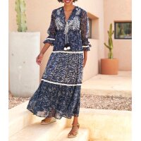 Print dress with sequin trim, dark blue / sand
