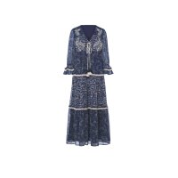 Print dress with sequin trim, dark blue / sand