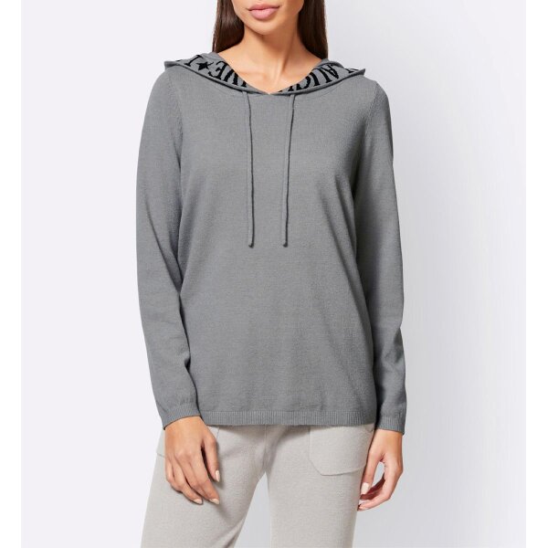 Designer hooded sweater with writing, grey