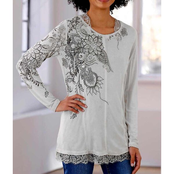 Designer-Druckshirt m. Spitze, hellgrau