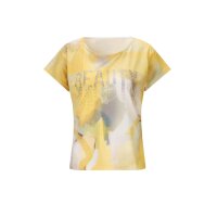 Print shirt with writing and stone trim, lemon