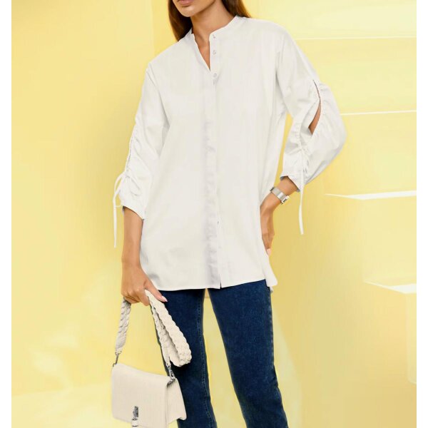 Stand-up collar blouse with cut-outs, white