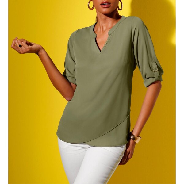 Bluse m.Krempelärmel und Zierknöpfen, khaki